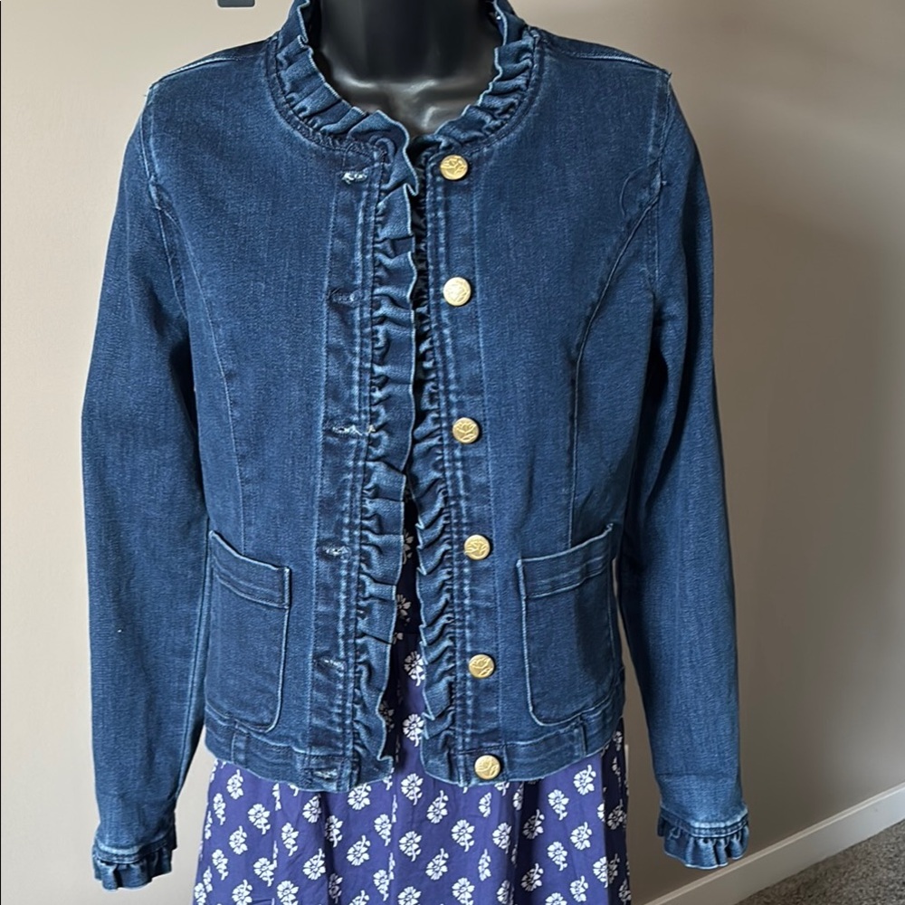 Draper James Blue and Gold Ruffle Jean Jacket